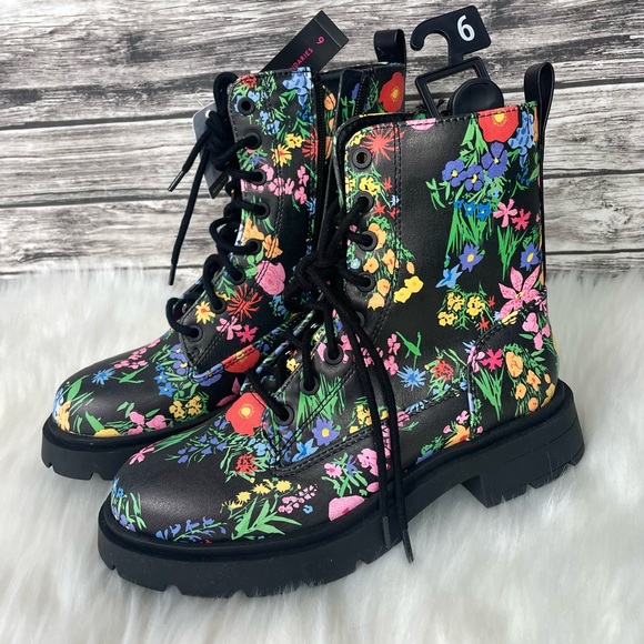 Rainbow Floral No Boundaries Memory Foam Combat Boots - Picture 1 of 9